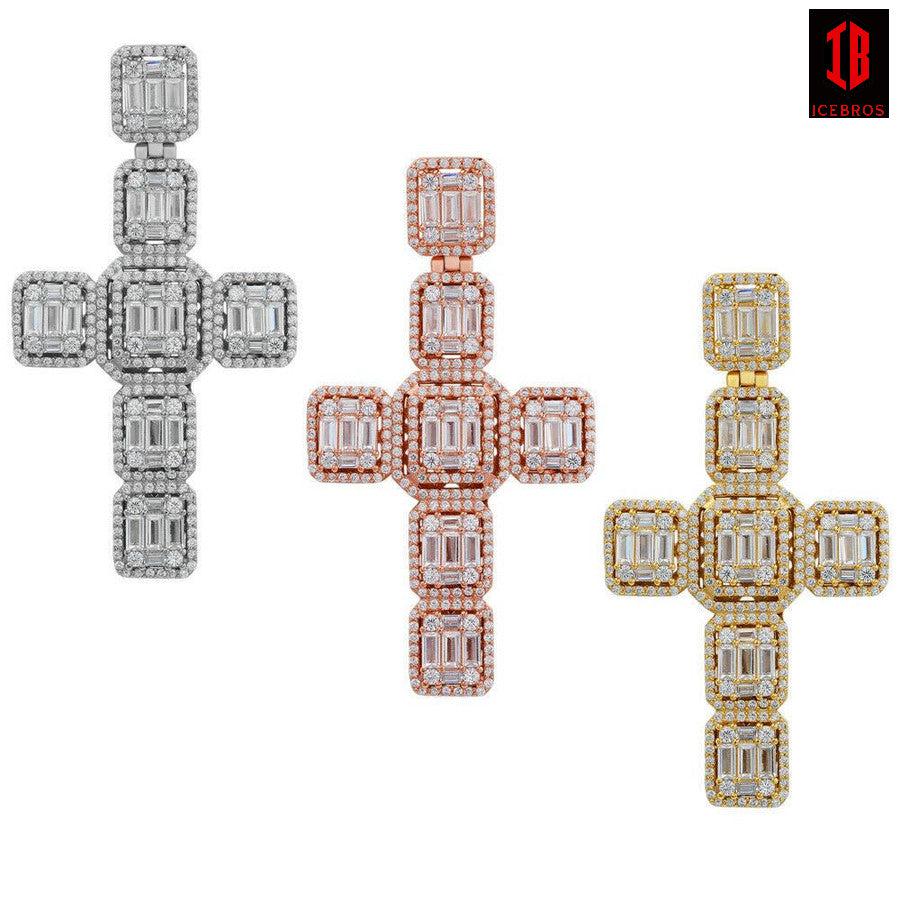 Baguette MOISSANITE Iced Out Cross Charm Pendant - Passes Diamond Tester Silver Gold