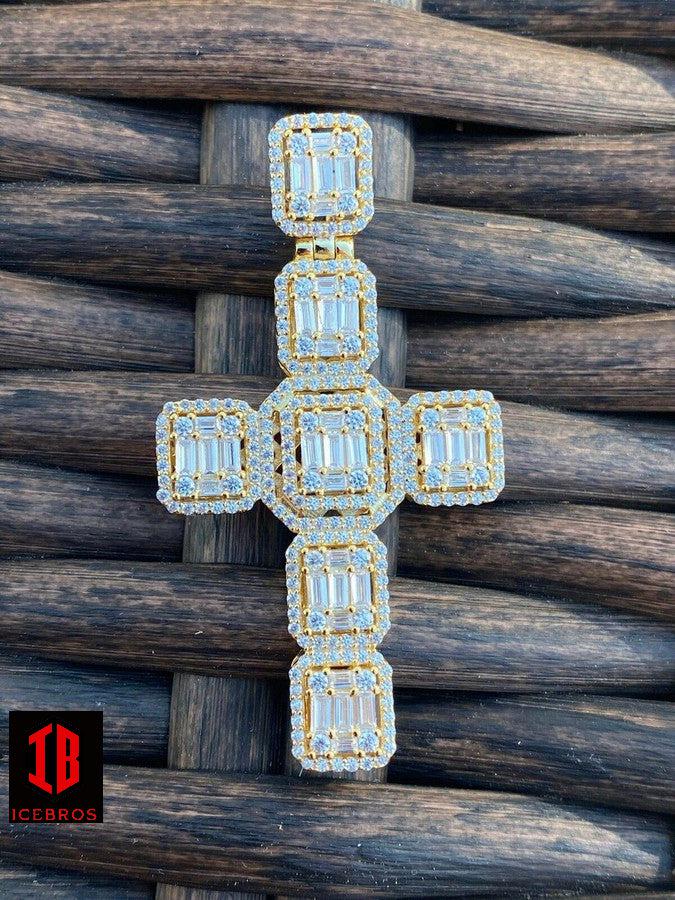 Baguette MOISSANITE Iced Out Cross Charm Pendant - Passes Diamond Tester Silver Gold