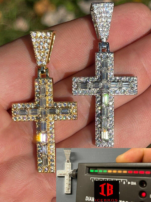 MOISSANITE Iced 925 Silver Vermeil Baguette Cross Charm Pendant Pass Diamond Tester