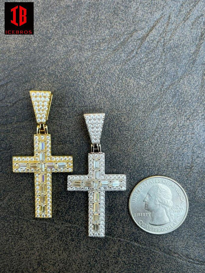 MOISSANITE Iced 925 Silver Vermeil Baguette Cross Charm Pendant Pass Diamond Tester