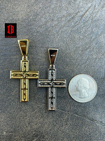 MOISSANITE Iced 925 Silver Vermeil Baguette Cross Charm Pendant Pass Diamond Tester