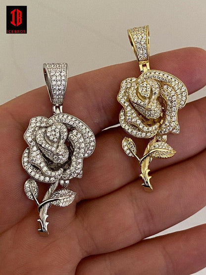 MOISSANITE 925 Silver Iced Vermeil Women's Rose Flower Pendant 925 Silver