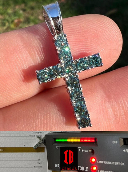 Green MOISSANITE 925 Sterling Silver Iced Cross Charm Vermeil