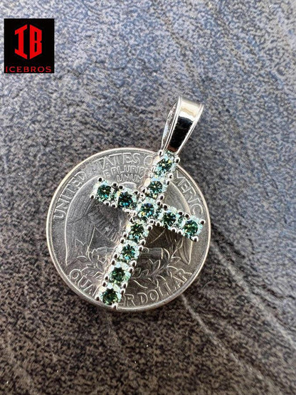 Green MOISSANITE 925 Sterling Silver Iced Cross Charm Vermeil