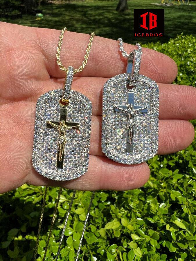 MOISSANITE 925 Sterling Silver Iced Jesus & Cross Dog Tag Pendant Pass Diamond Test