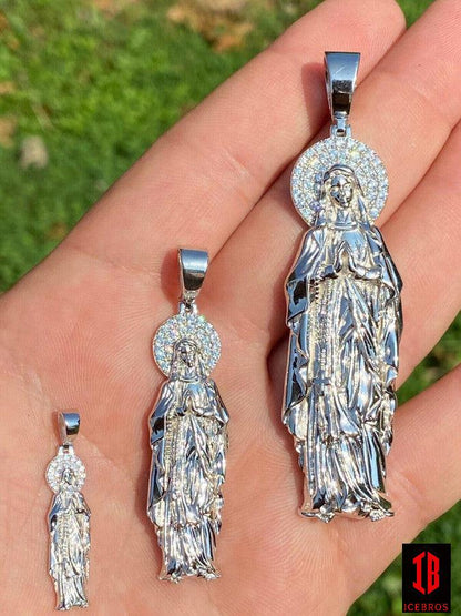 MOISSANITE 925 Sterling Silver Virgin Mary Guadalupe Pendant Iced Necklace