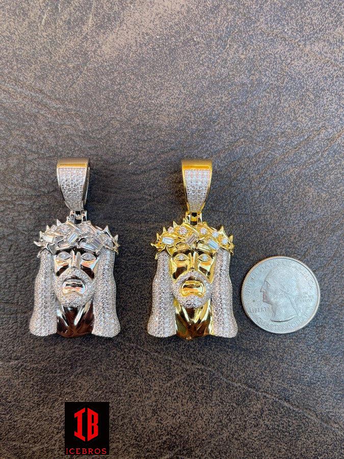 MOISSANITE Iced Real Solid Silver Gold Baguette Jesus Head Piece Pendant Charm Men