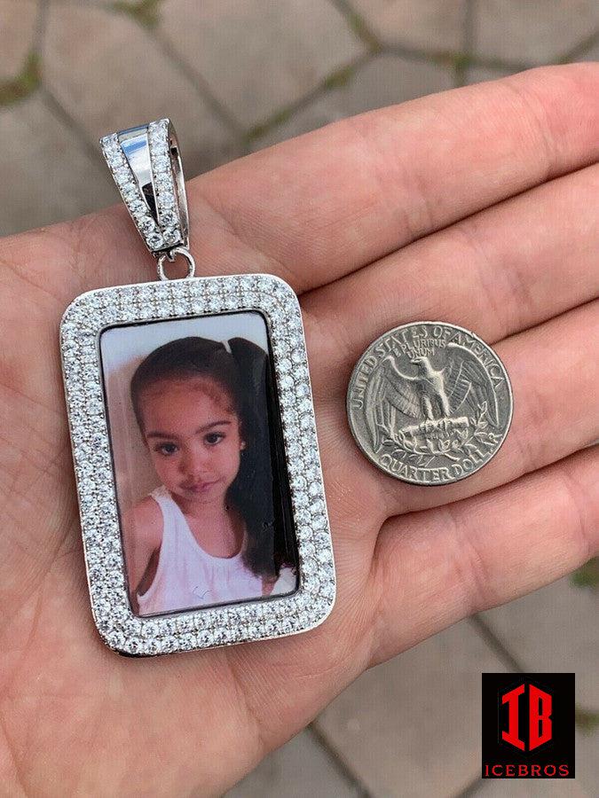 925 Silver Custom Photo Pendant Dog Tag Iced CZ Picture Memory Pic