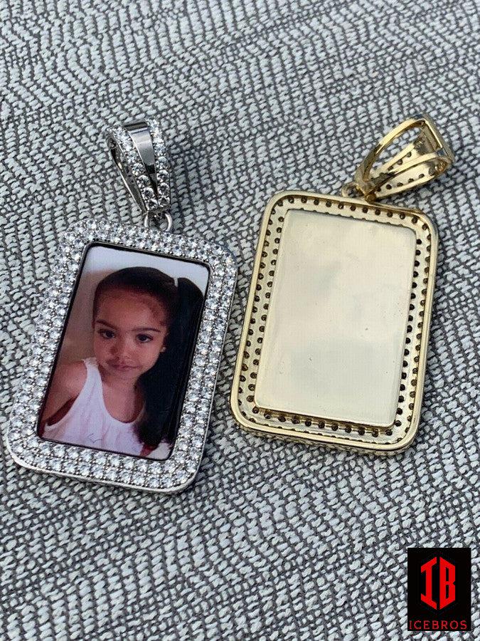 925 Silver Custom Photo Pendant Dog Tag Iced CZ Picture Memory Pic