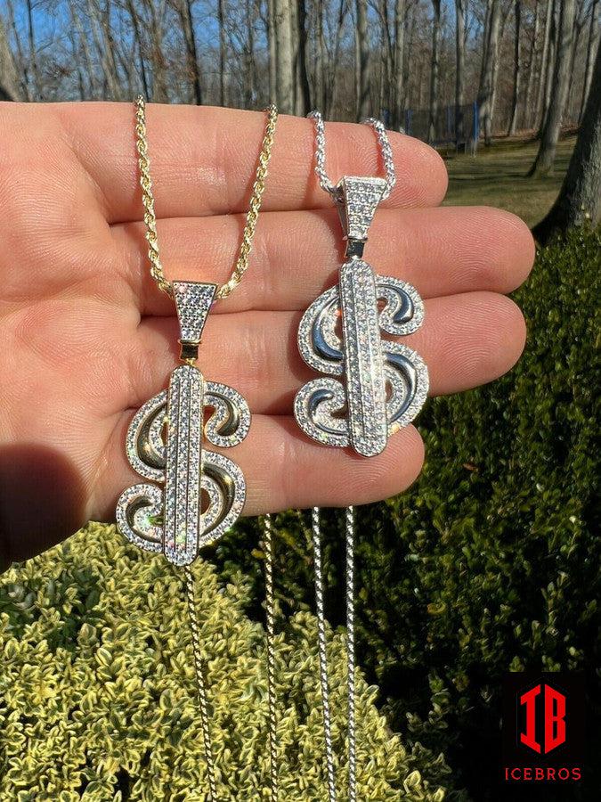 MOISSANITE 925 Sterling Silver Iced Dollar Bill $ Sign Money Hip Hop Pendant Charm