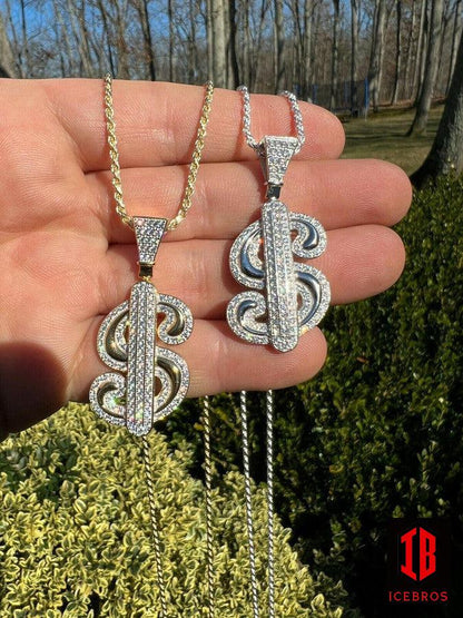CZ 925 Sterling Silver Iced Dollar Bill $ Sign Money Hip Hop Pendant Charm
