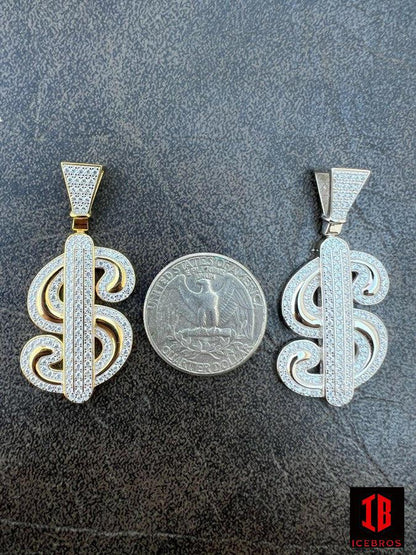 MOISSANITE 925 Sterling Silver Iced Dollar Bill $ Sign Money Hip Hop Pendant Charm