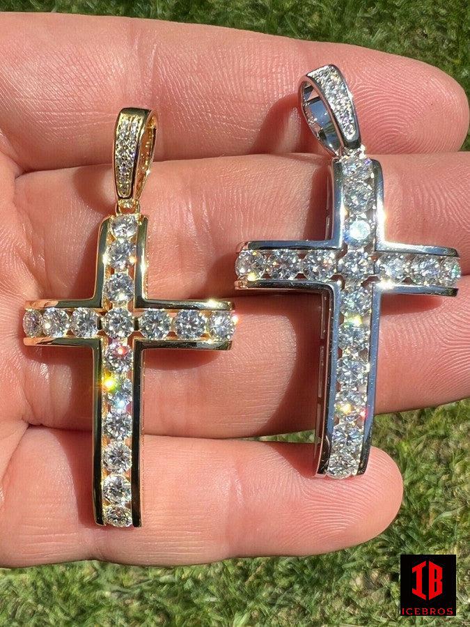 MOISSANITE 925 Sterling Silver Gold Real Iced Diamond Tennis Cross Pendant Passes Diamond Test