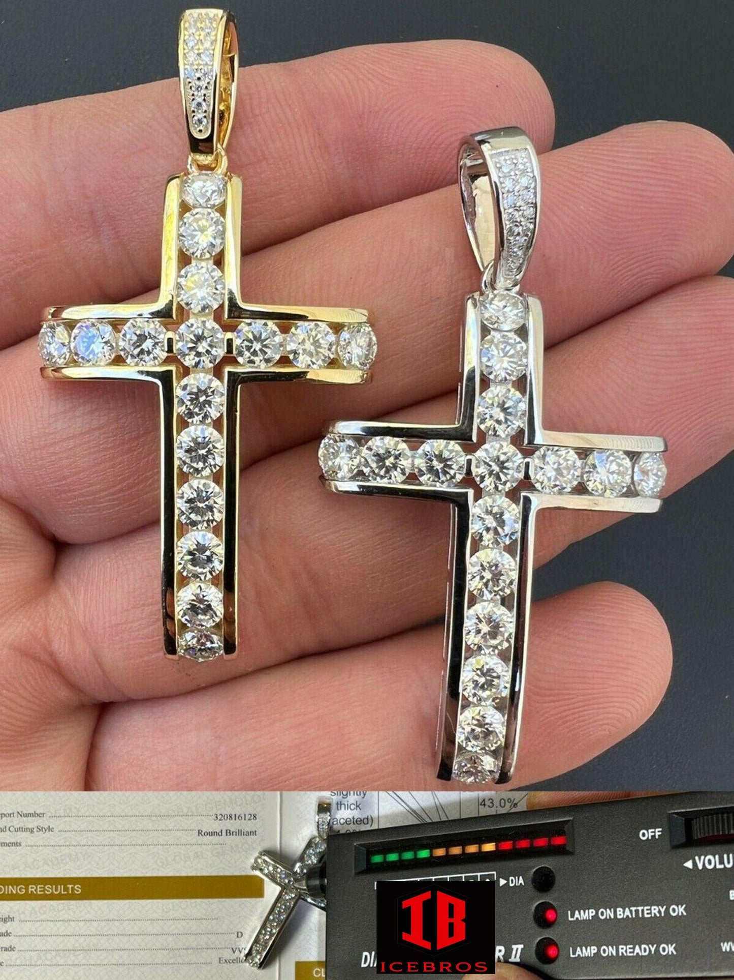 MOISSANITE 925 Sterling Silver Gold Real Iced Diamond Tennis Cross Pendant Passes Diamond Test