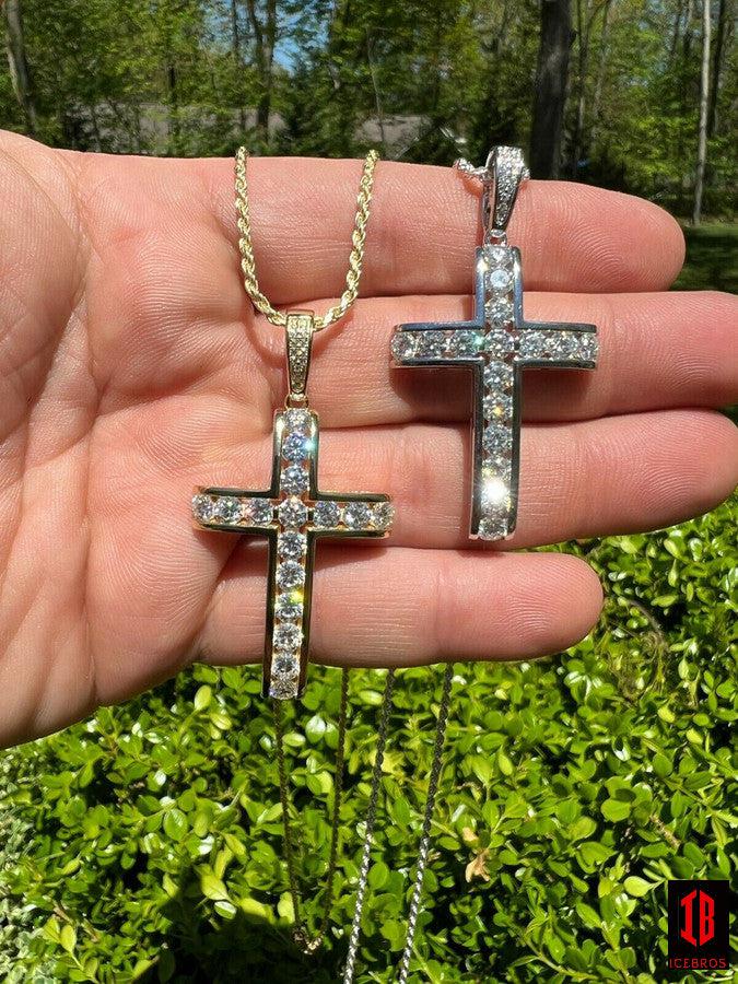 MOISSANITE 925 Sterling Silver Gold Real Iced Diamond Tennis Cross Pendant Passes Diamond Test