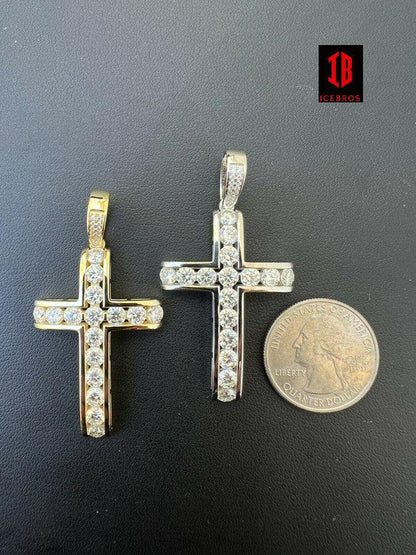 MOISSANITE 925 Sterling Silver Gold Real Iced Diamond Tennis Cross Pendant Passes Diamond Test