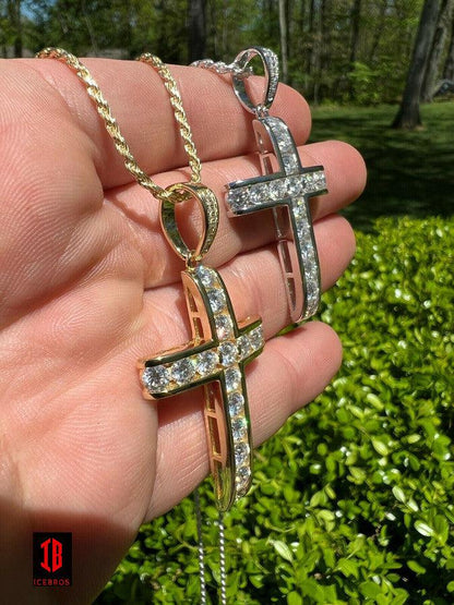 MOISSANITE 925 Sterling Silver Gold Real Iced Diamond Tennis Cross Pendant Passes Diamond Test