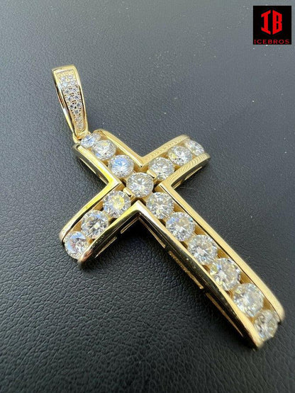 MOISSANITE 925 Sterling Silver Gold Real Iced Diamond Tennis Cross Pendant Passes Diamond Test