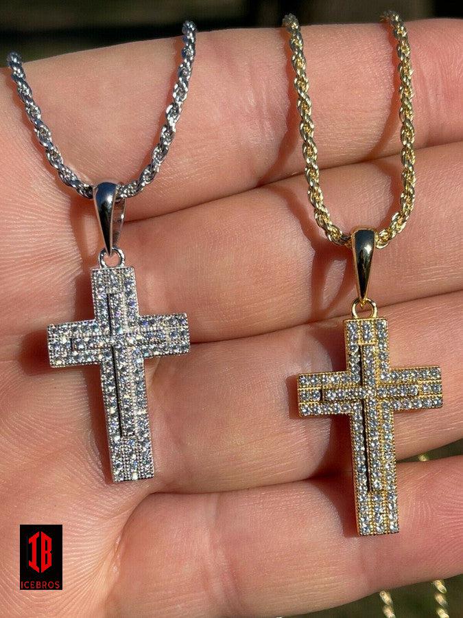 Solid 10k Gold 3D Cross Pendant Necklace Iced MOISSANITE Pass Diamond Tester