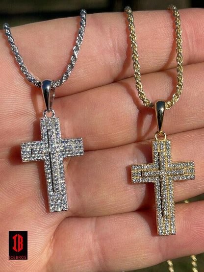 Solid 10k Gold 3D Cross Pendant Necklace Iced MOISSANITE Pass Diamond Tester