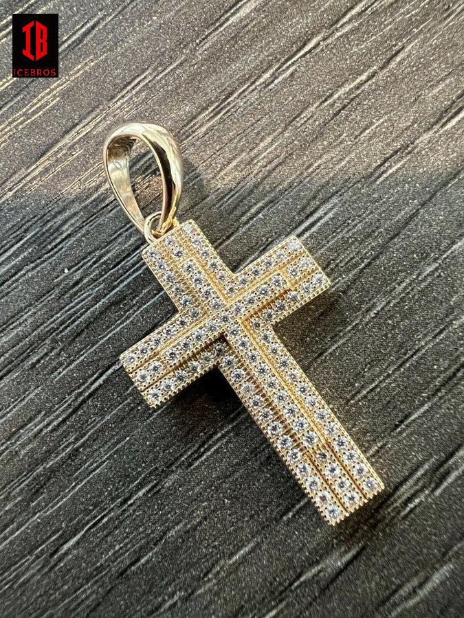 Solid 10k Gold 3D Cross Pendant Necklace Iced MOISSANITE Pass Diamond Tester