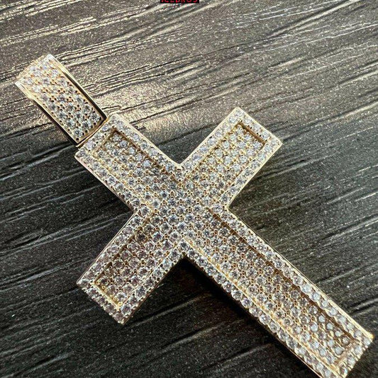 10k Solid Real Yellow White Gold Cross Pendant Iced Out Hip Hop