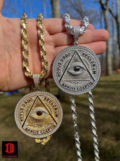 MOISSANITE Big 3inch All Seeing Illuminati Eye Masonic Medallion Necklace 925 Sterling Silver