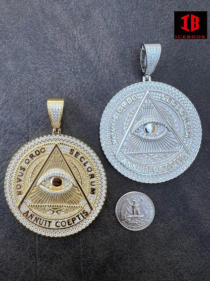 MOISSANITE Big 3inch All Seeing Illuminati Eye Masonic Medallion Necklace 925 Sterling Silver