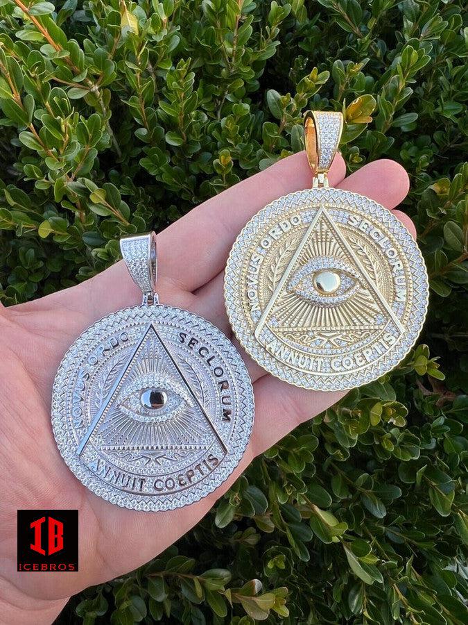 MOISSANITE Big 3inch All Seeing Illuminati Eye Masonic Medallion Necklace 925 Sterling Silver