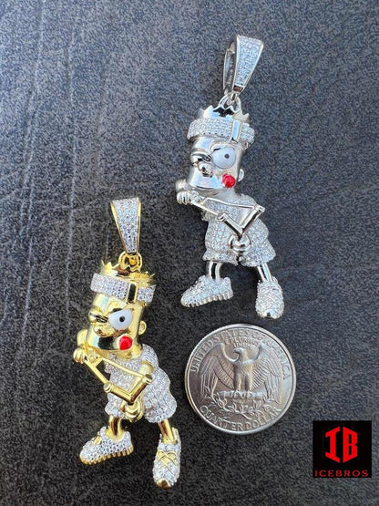 MOISSANITE Real 925 Sterling Silver Iced Bart Simpson Pendant Necklace Diamond Test