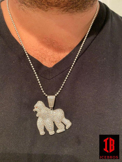 MOISSANITE Real 925 Sterling Silver Gorilla Pendant Ape Iced Necklace