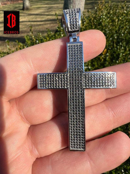 Black MOISSANITE 925 Sterling Silver Large Iced Cross Pendant Passes Diamond Tester