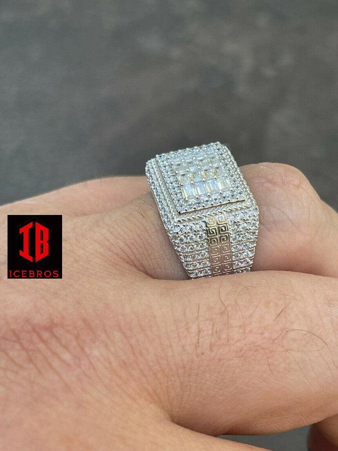 14k Gold Over Real 925 Silver Ring Iced Baguette Diamond Hip Hop Size 6-13 (CZ)