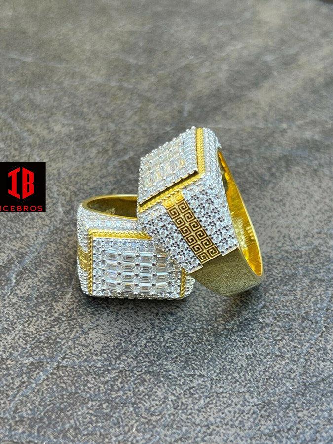 14k Gold Over Real 925 Silver Ring Iced Baguette Diamond Hip Hop Size 6-13 (CZ)