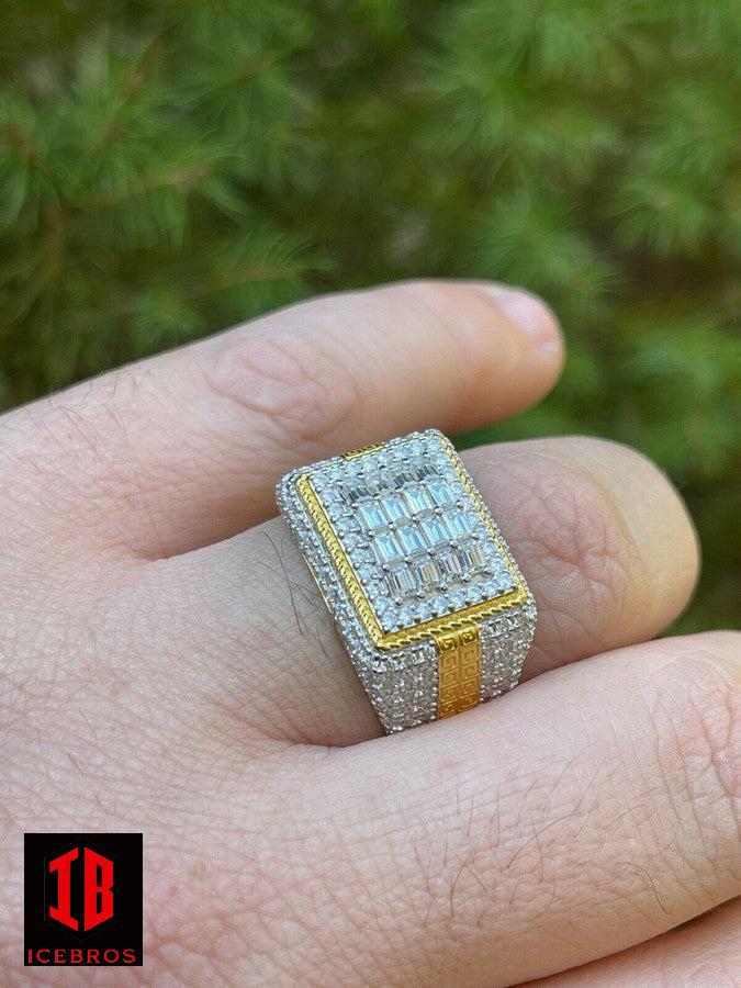 14k Gold Over Real 925 Silver Ring Iced Baguette Diamond Hip Hop Size 6-13 (CZ)