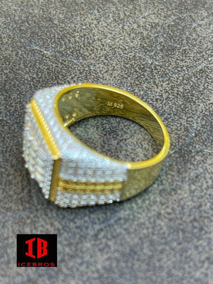 14k Gold Over Real 925 Silver Ring Iced Baguette Diamond Hip Hop Size 6-13 (CZ)