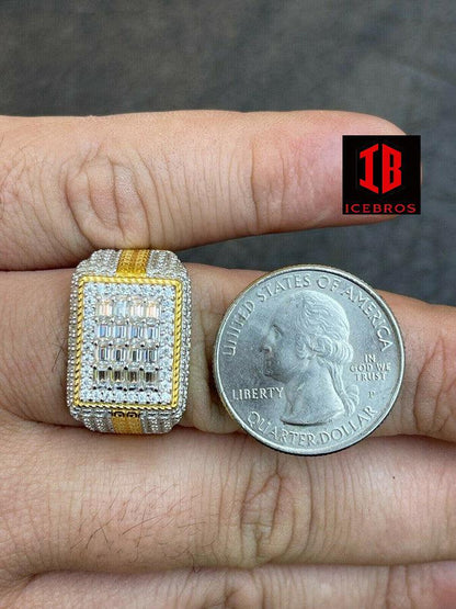 14k Gold Over Real 925 Silver Ring Iced Baguette Diamond Hip Hop Size 6-13 (CZ)