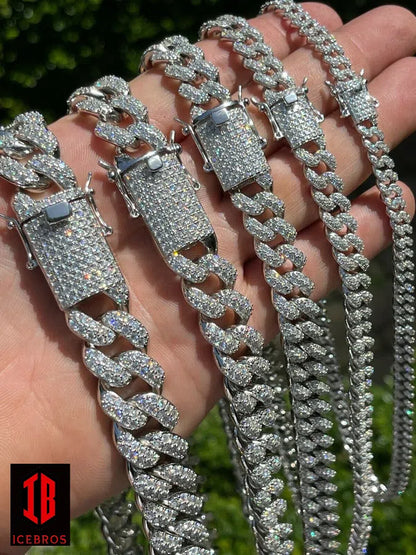 Hand model showcasing a Fornt side of luxurious White Gold Miami Curb Necklace Cuban Link Chain with different sizes