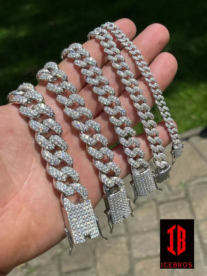 Hand model showcasing a Fornt side of luxurious White Gold Miami Curb Necklace Cuban Link Chain with different sizes