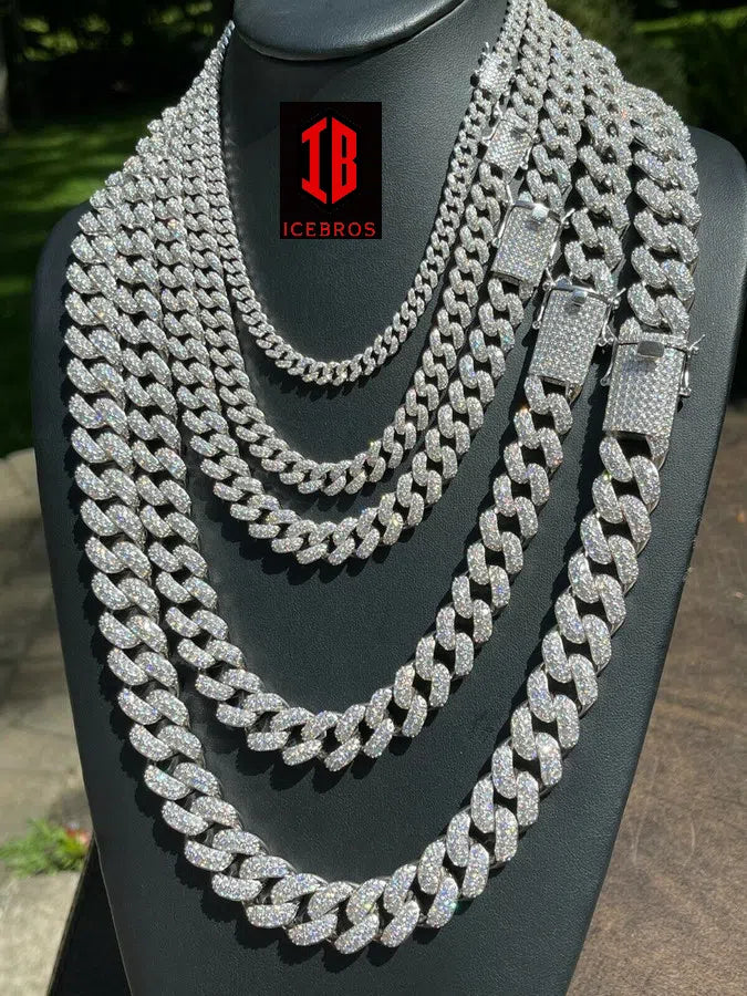 WHITE GOLD Real Miami Cuban Link Chain Iced Diamond Out Solid 925 Sterling Silver Necklace