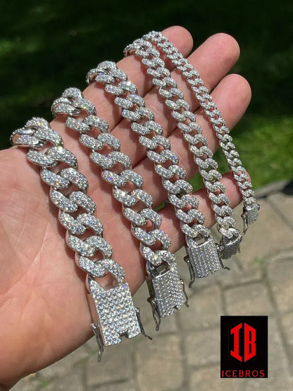 WHITE GOLD Real Miami Cuban Link Bracelet Iced Diamond Out Solid 925 Sterling Silver HEAVY