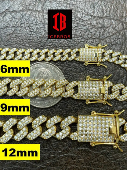 YELLOW GOLD Real Miami Cuban Link Chain Iced Diamond Out Solid 925 Sterling Silver Necklace