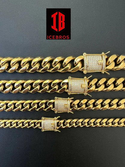 (12MM) 14K-18K Gold Plated Stainless Steel Cuban Link Chain CZ Diamond Lock 8-14MM