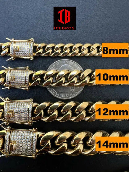 (8MM) 14K-18K Gold Plated Stainless Steel Cuban Link Chain CZ Diamond Lock 8-14MM