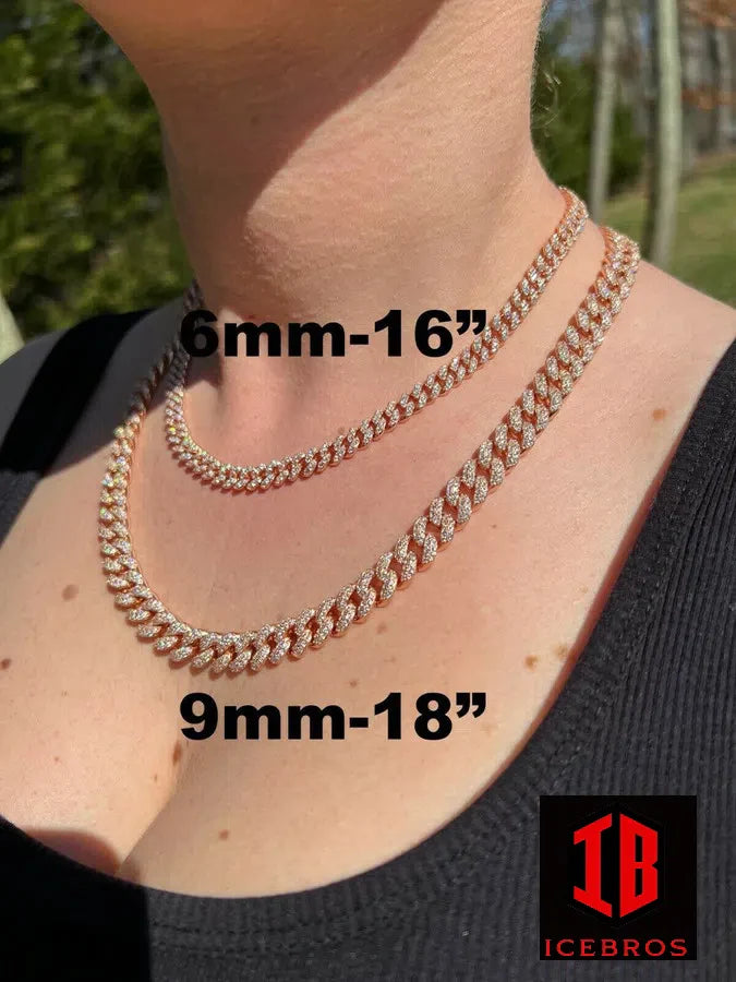 Women model showcasing a luxurious Rose Gold Miami Necklace Curb Cuban Link Chain on Womens neck
