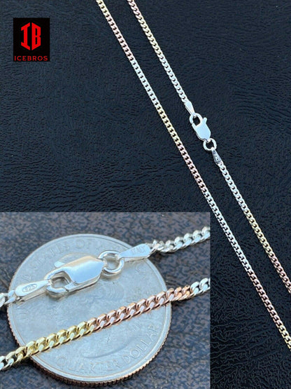 Tri Color Yellow Rose Gold & 925 Sterling Silver Miami Cuban Chain Necklace Lobster Lock (2mm-6mm)