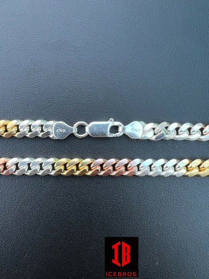 Tri Color Yellow Rose Gold & 925 Sterling Silver Miami Cuban Chain Necklace Lobster Lock (2mm-6mm)