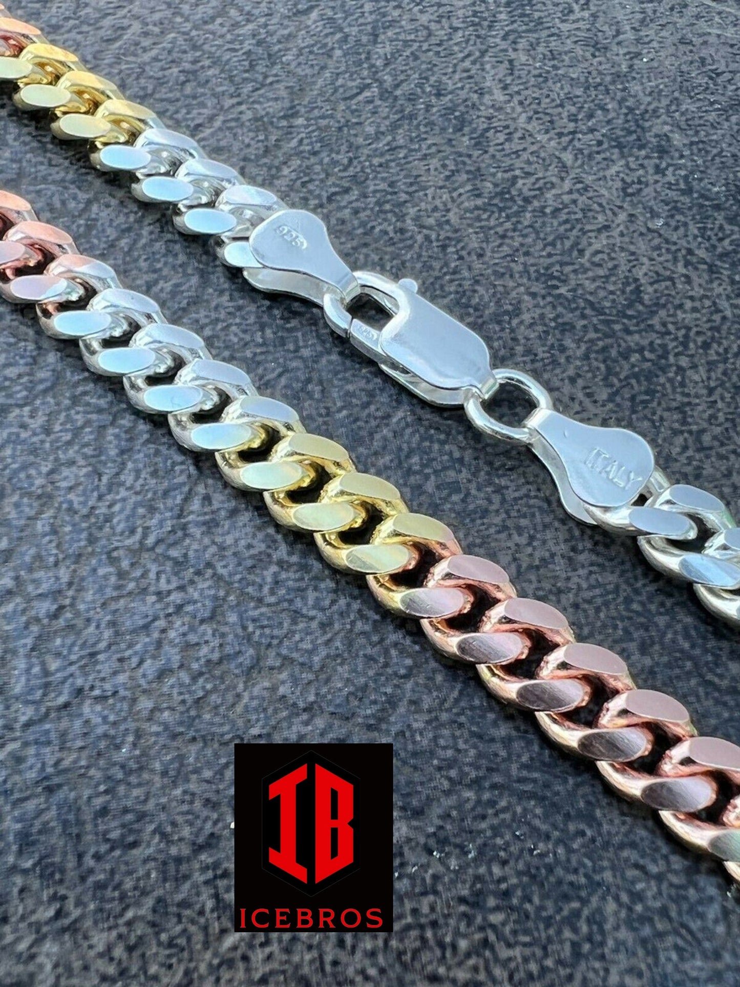 Tri Color Yellow Rose Gold & 925 Sterling Silver Miami Cuban Chain Necklace Lobster Lock (2mm-6mm)