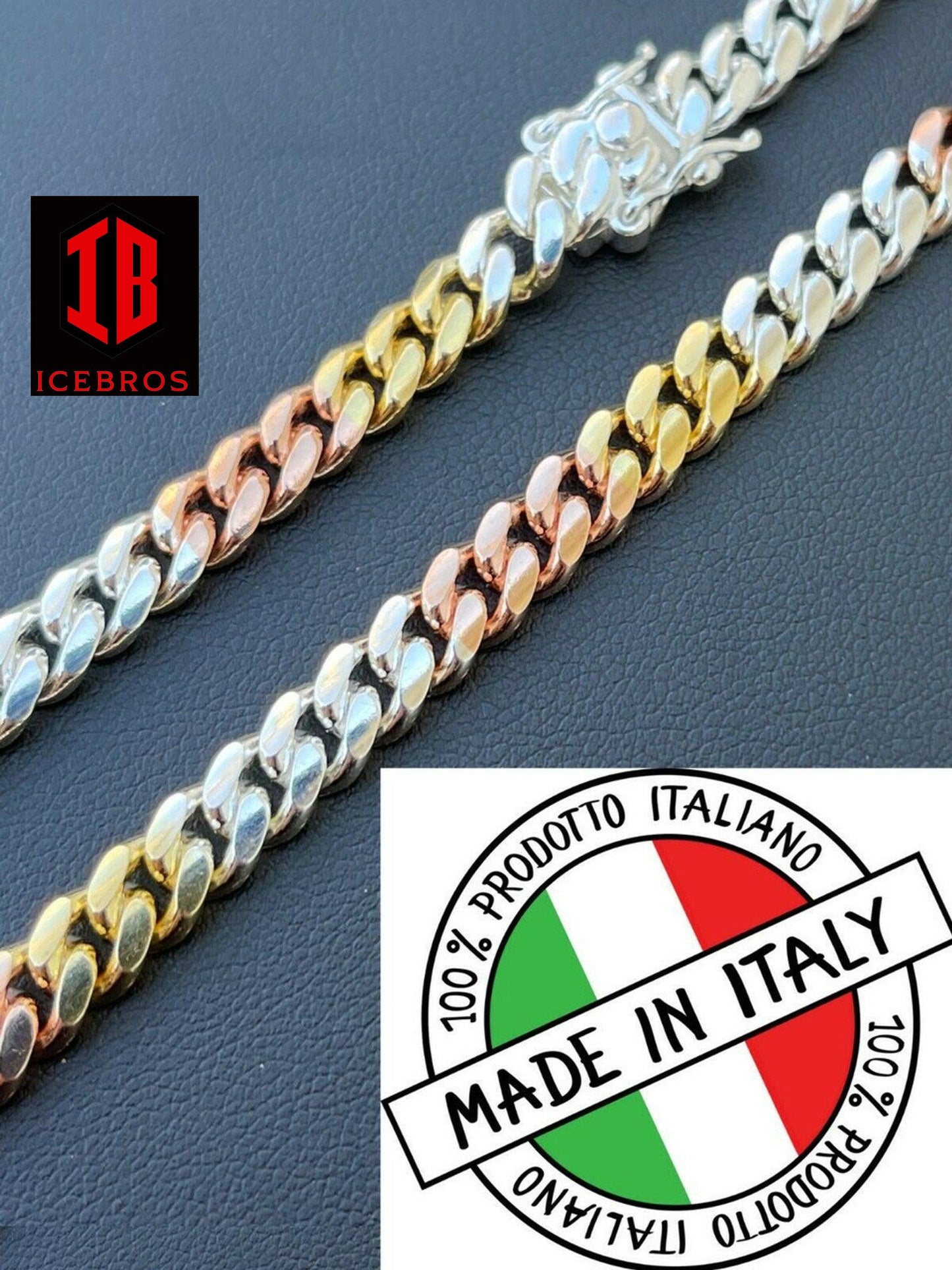 Tri Color Solid 925 Silver & 14k Gold Miami Cuban Link Necklace Chain Box Lock (6mm)