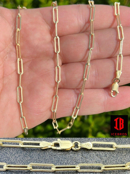 14k Gold Vermeil Silver Paperclip Chain Diamond Cut Necklace Italy Layered (3.5mm)